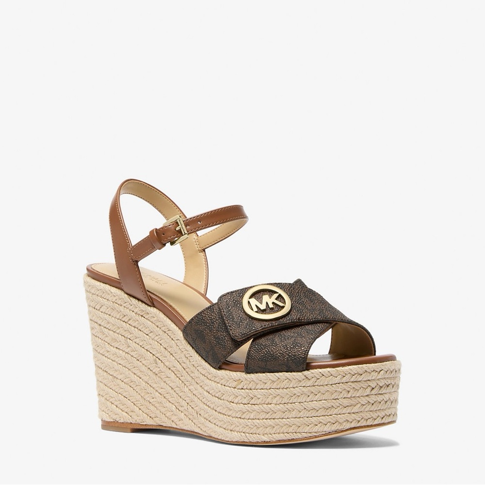 Michael Kors Brown Tan Wedge Sandals with Monogram Print